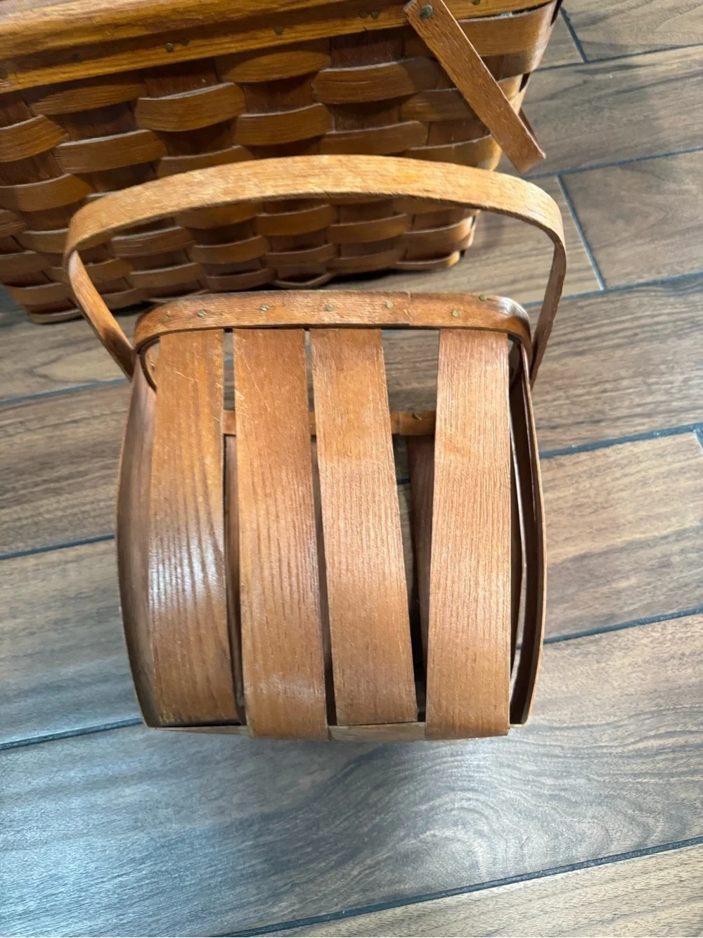 Mid Century Basketville woven oak Picnic Basket With Sliding Lid Doors brown